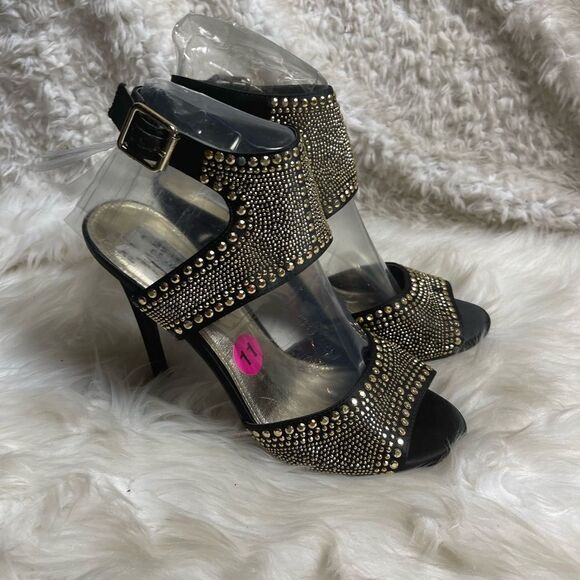 Steve Madden black satin fabric& gold tone studded ankle strap sandals SZ11 - Picture 3 of 13